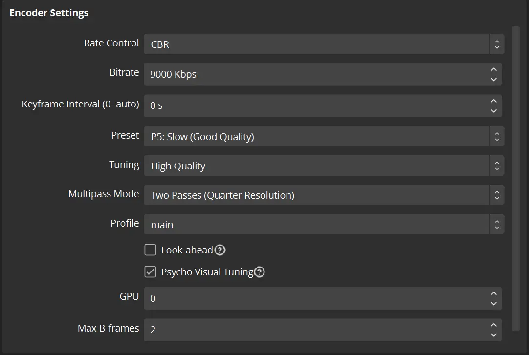 OBS streaming encoder settings