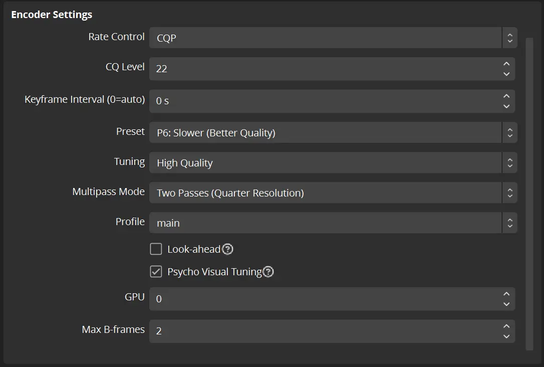 OBS recording encoder settings