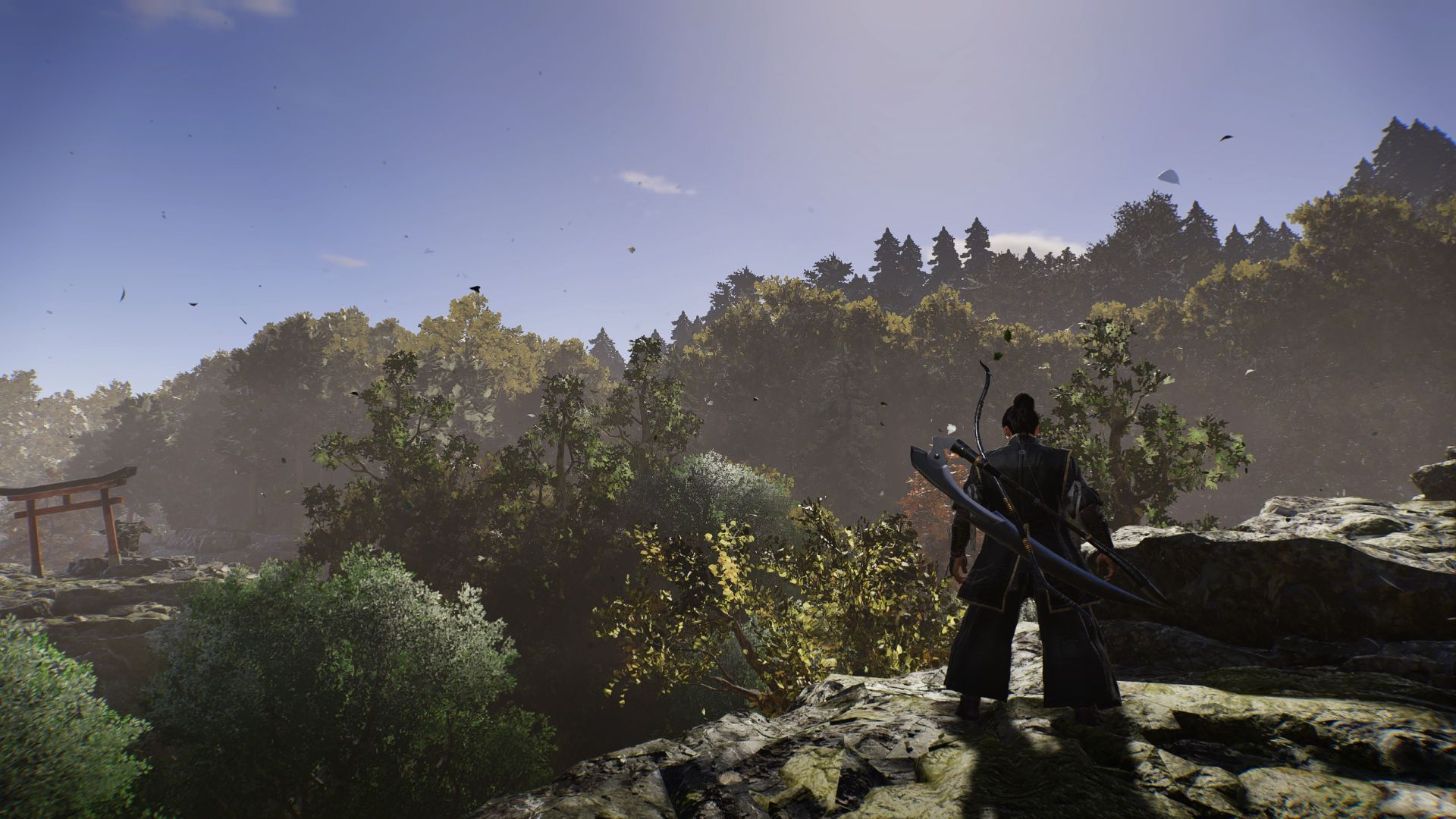 Protagonist of Nioh 3 looking out from a vantage point over a clear view sky.